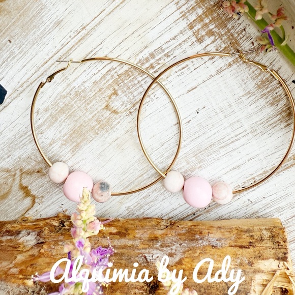 Alquimia Jewelry - BIG HOOPS IN GOLD RHODONITE BEADED HOOPS